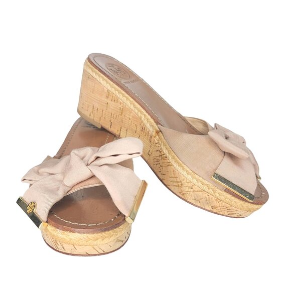 Tory Burch penny Leather Sole cork Wedge Sandals Bow Detail Size 6.5 Light Brown - Picture 3 of 12